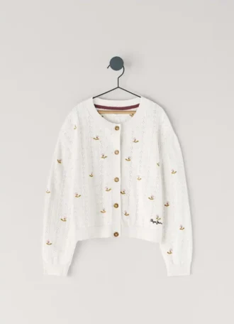 Cardigan a maglia pointelle con fiori ricamati