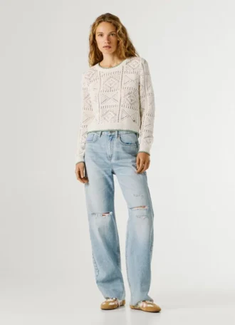 Maglione a maglia traforata con collo rotondo