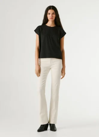 T-shirt con dettagli floreali traforati