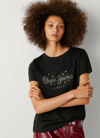 T-shirt con logo in strass