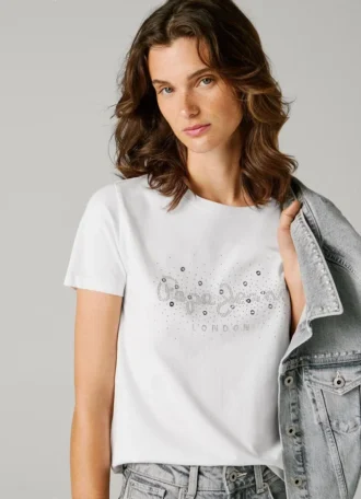 T-shirt con logo in strass