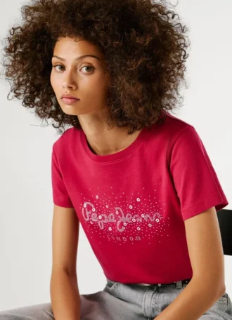T-shirt con logo in strass