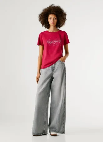 T-shirt con logo in strass