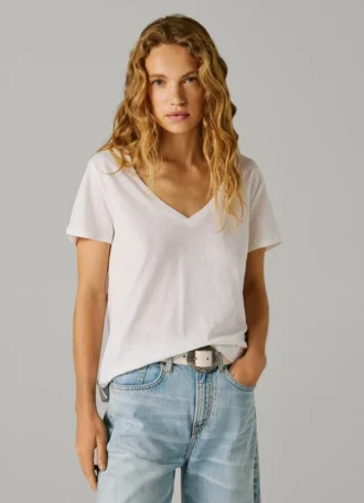 T-shirt con scollo a V e logo ricamato