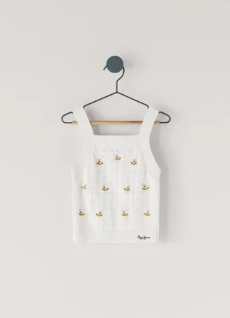 Top a maglia pointelle con fiori ricamati