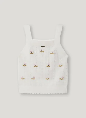 Top a maglia pointelle con fiori ricamati